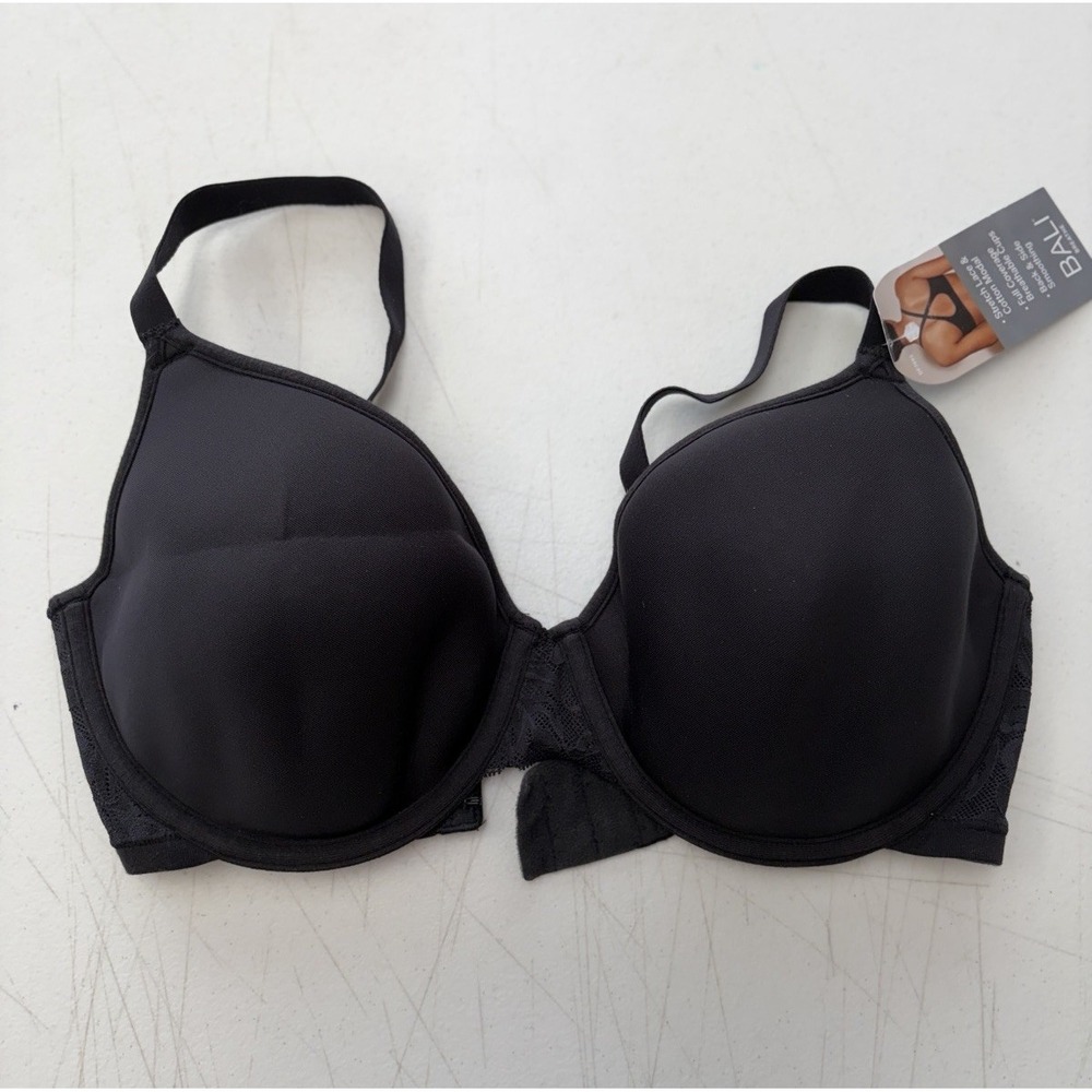 Bali Womens 34D Black Stretch Lace-Cotton Full Coverage Side Smoothing Bra NWT
